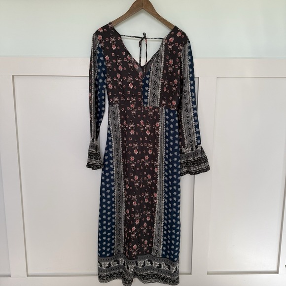 Loveriche Patchwork Maxi Dress MED Handkerchief Bell Sleeve Slit Boho Hippie - Picture 5 of 9